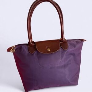 Longchamp Le Pliage Purple Tote Bag with Brown Leather